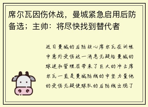 席尔瓦因伤休战，曼城紧急启用后防备选；主帅：将尽快找到替代者